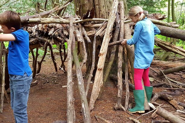 Kinder bauen ein Baumhaus im Wald